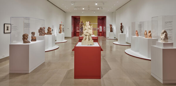 Installation view of sculptures in vitrines in a gallery