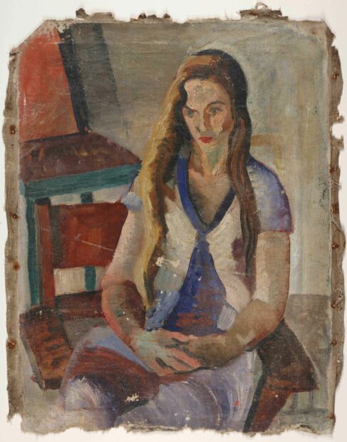 painting of a woman with her hands folded in her lap