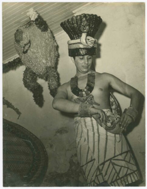 Image of the artist wearing a Mayan costume