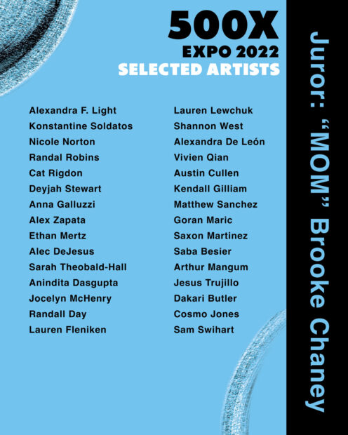 A poster listing the selected artist for "Expo 2022" at 500X Gallery.