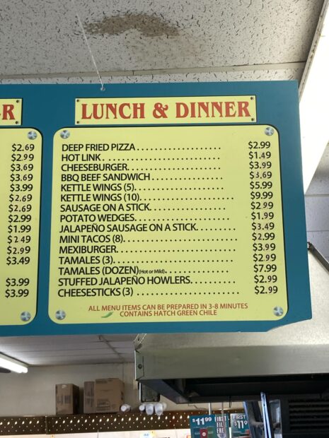 A food menu at a rest stop in the Texas Panhandle.