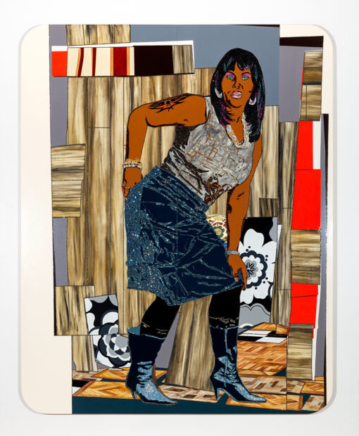 A photograph of a mixed media work by Mickalene Thomas after the gallery lighting has been adjusted.