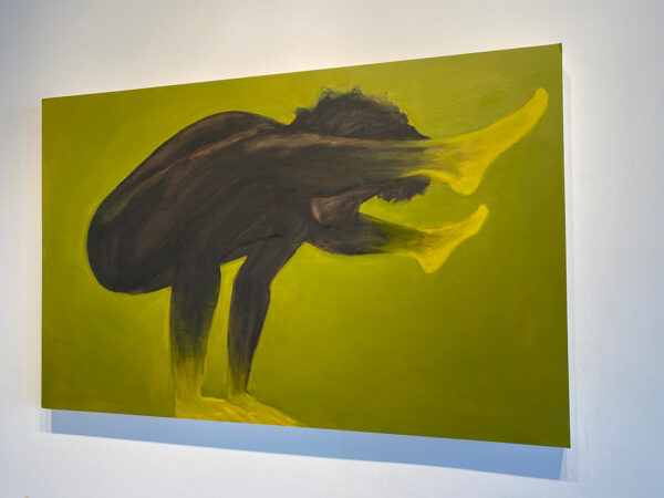 A painting by Aliyah Cydonia featuring a nude Black figure in a pose similar to the "crow" yoga position.