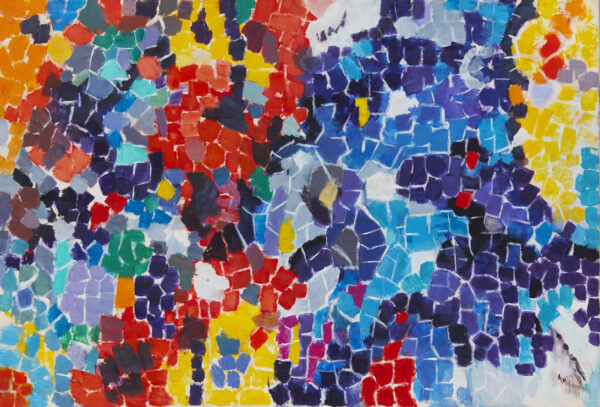 A colorful abstract painting by Alma Thomas.