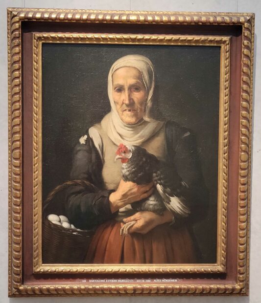 Painting of a woman holding a hen