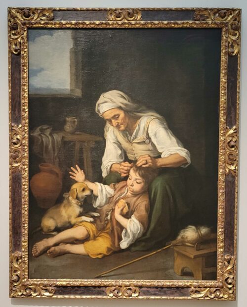 Painting of a woman cleaning a child