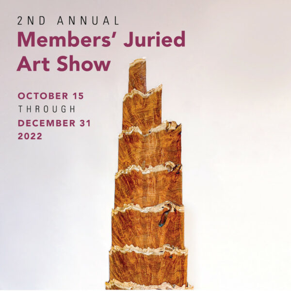 A designed graphic announcing the IMAS Members' Juried Art Show. The promotional image includes a detail of a wood work by Jamie Runnels.