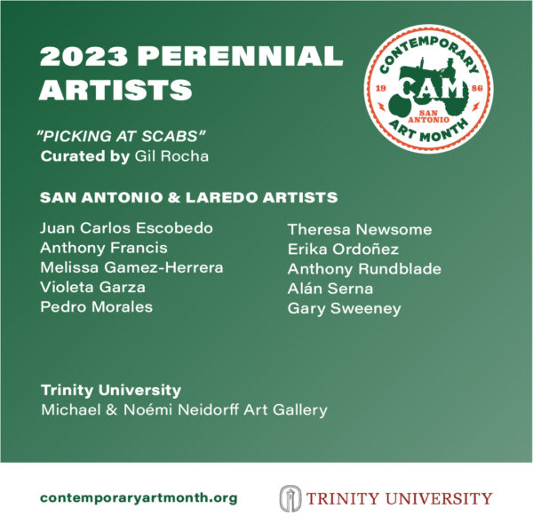 A designed flyer announcing the artists participating in the 2023 CAM Perennial.