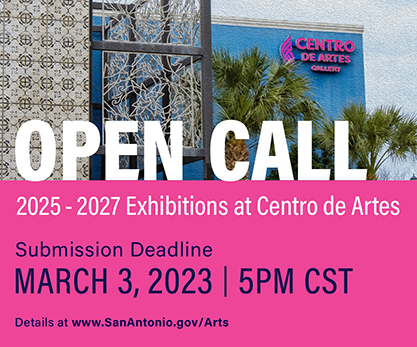 A designed graphic promoting Centro de Artes' open call for 2025-2027 exhibitions.