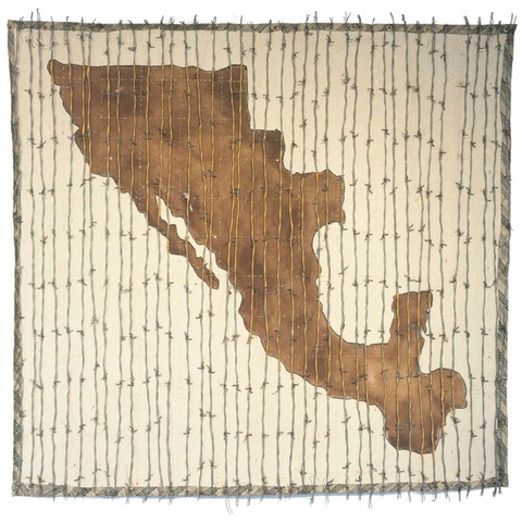 Mixed media work in the shape of Mexico, Texas, and California combined