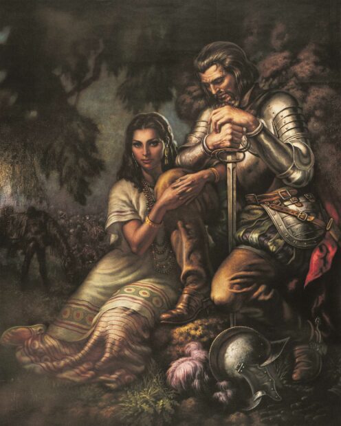 Ilustración de un hombre y una mujer en la base de un árbol. Ella viste un huipil blanco con detalles a color y él sostiene una espada con ambas manos, viste un escudo de cuerpo completo y a sus pies está un yelmo.