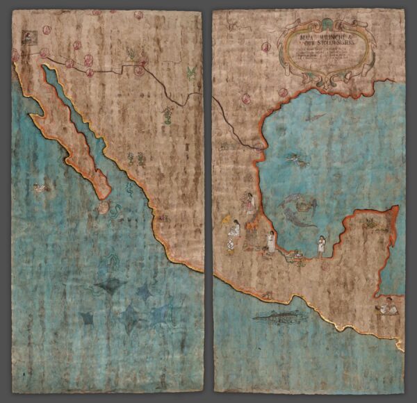 Mapa cuadrado de México con apariencia antigua. Está dividido en dos paneles verticales. Sobre la tierra se pueden ver algunas figuras de mujeres, animales, huellas de manos y plantas. Sobre el mar hay algunas representaciones de animales de mar.