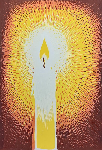 An illustration of a lit candle, radiating light. 