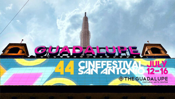 A photograph of a sign outside of the Guadalupe Cultural Arts Center promoting the 2023 CineFestival.