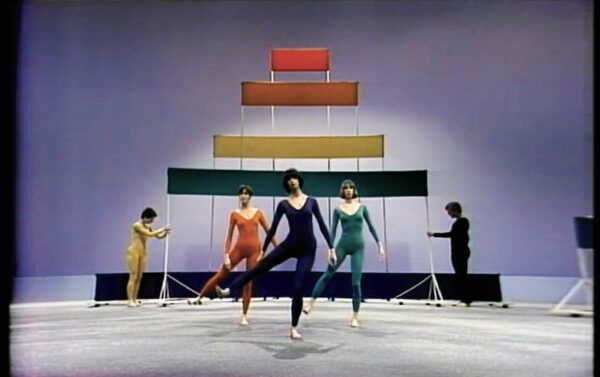 Television still of dancers on a set designed by Frank Stella