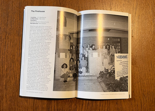 A photograph of the book "Impractical Spaces: Houston" opened to a page featuring a black and white photograph of a group of women in front of a brick building.