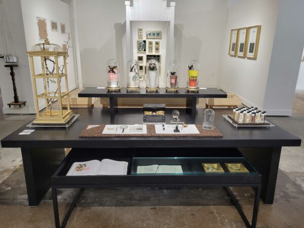 Installation view of small sculptures on a table
