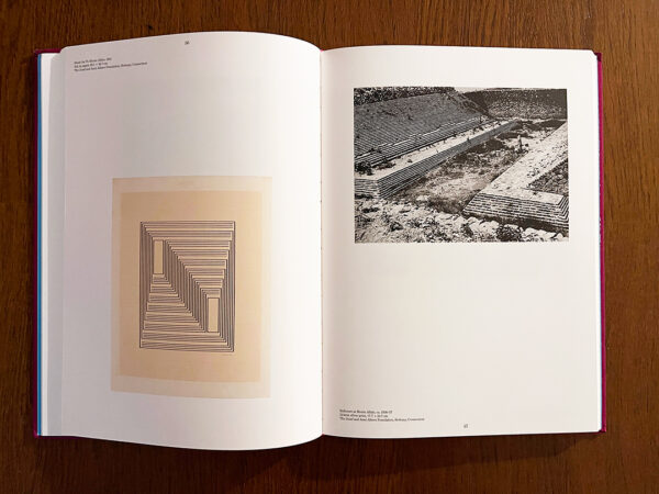 A photograph of the book "Josef Albers in Mexico" opened to a page that shows a black and white photograph of a Mesoamerican pyramid and a line drawing by Josef Albers.