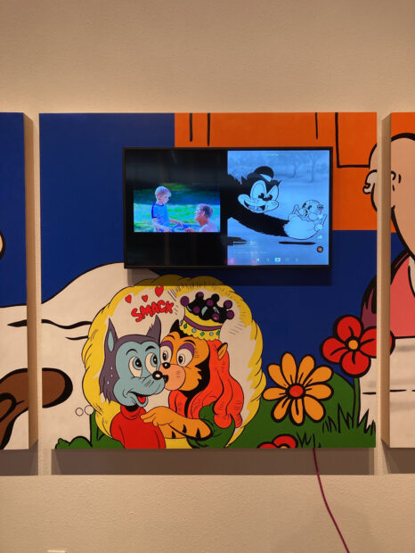 Kris Pierce, "Spooky Action at a Distance," 192” X 48” Acrylic and enamel on panel, commercial display, custom power cable, HD loop 25 minutes, 2022.jpeg