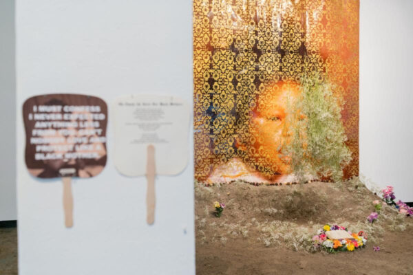 A composite image of installation views featuring work by Irene Antonia Diane and mk.