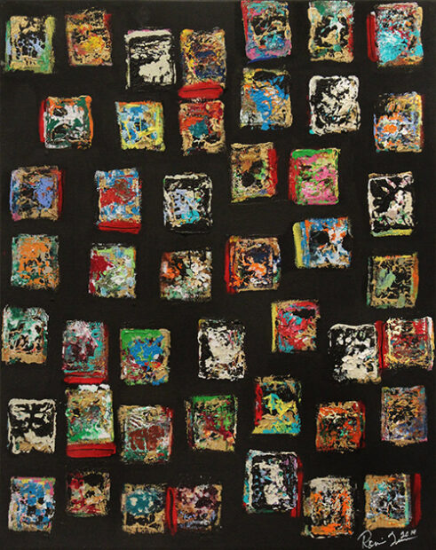 An abstract painting by Ronnie Queenan that features squares of color against a black background.