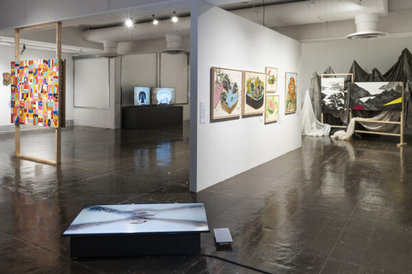 Installation view of works on the walls and a screen on the floor