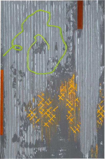 An abstract work by Pat Colville featuring a green scribbly mark, two rust colored vertical rectangles, and a patchwork of yellow X's against a gray background.