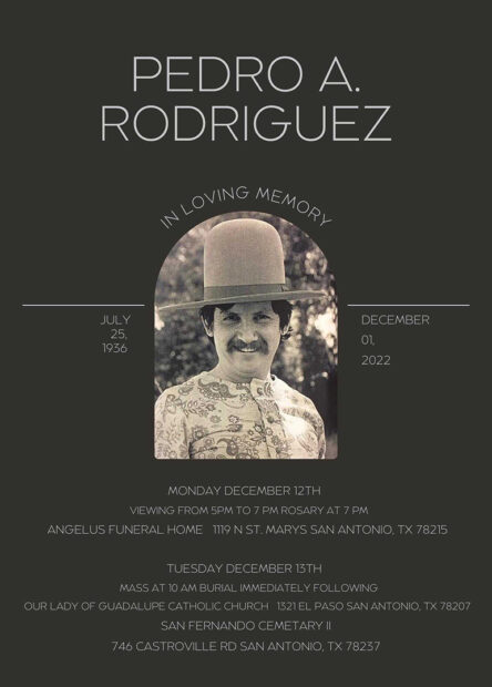 A black poster with white text. A black and white photograph of a young Pedro Rodriguez is at the center of the poster and the text includes Rodriguez's birth and death dates as well as information about funeral arrangements.