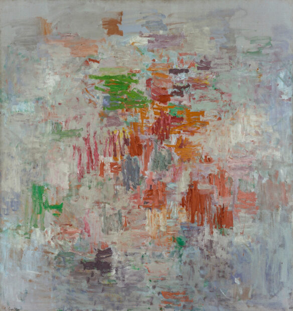 A rhythmic abstract painting, featuring reds, oranges, and greens on a gray ground.