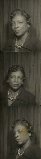 A black and white photo strip featuring a Black woman in slightly different portrait poses.