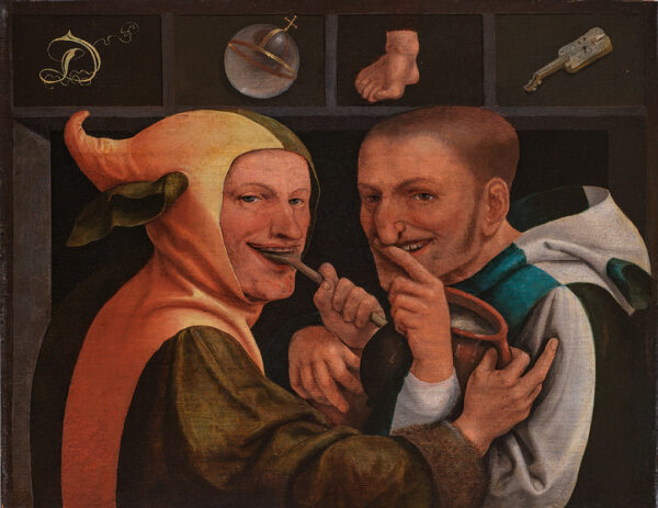  A painting of two figures who are sharing a meal from a pot and a wooden spoon. Both figures appear as jesters and have sly smiles.