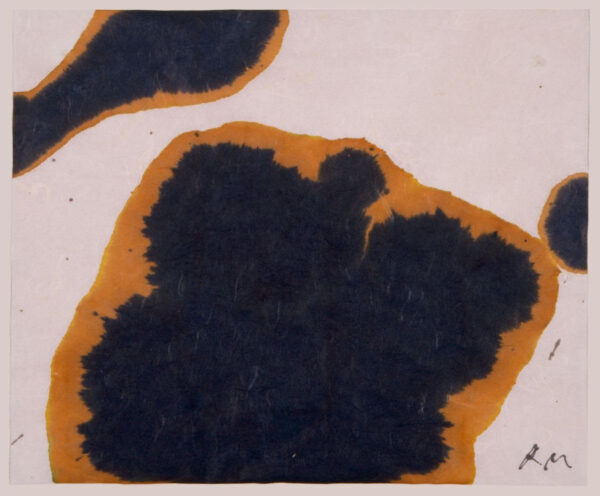 A work on paper by Robert Motherwell featuring black ink droplets surrounded by a light brown ink on white paper.