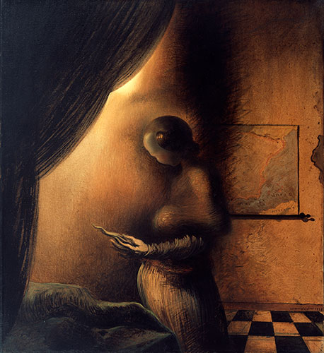 A painting bt Salvador Dalí in which a female figure stands at a nearby window. Her figure and the light from the window create the appearance of a man's face in profile.