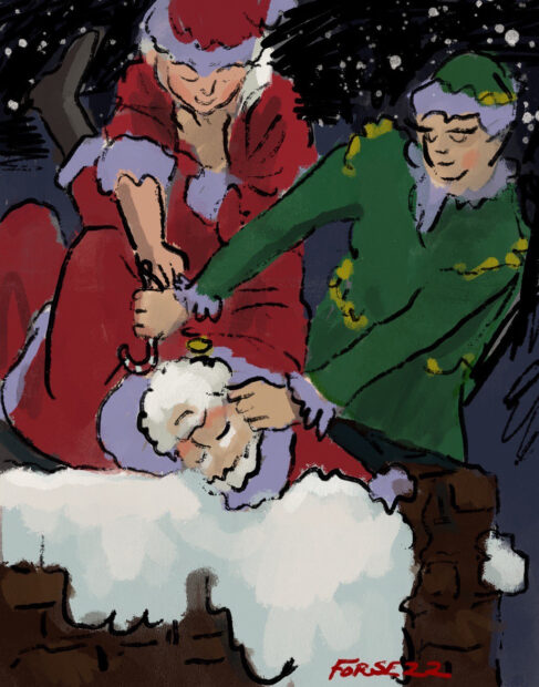 A Comic drawing featuring an elf and Ms. Claus beheading Santa Claus, a la the painting Judith Beheading Holofernes.