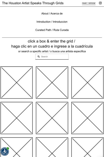 A screenshot of a website featuring simple black text on a white background and a grid of squares.