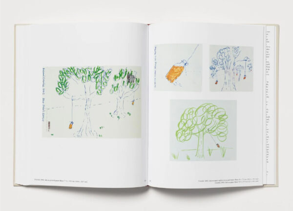 A photo of a book spread. On the left page is a drawing of bottles hanging from a tree. On the right are three drawings — one of a bottle hanging from a piece of string, and two of bottles hanging from trees.