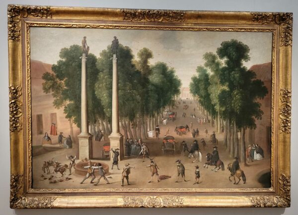 Classical painting of an outdoor promenade full of people