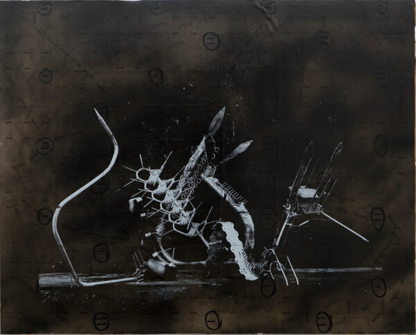 A print by Rodrigo Valenzuela of mechanical pieces in white ink on a black background.
