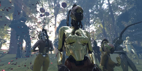 A video still featuring 3D animated metallic female figures in a forest. 
