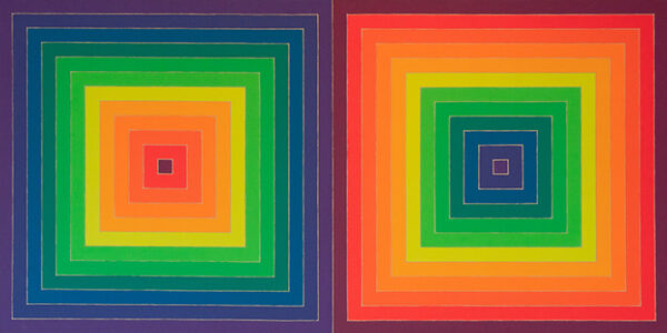 A work by Frank Stella featuring two side by side squares made of concentric squares with colors from across the rainbow spectrum.