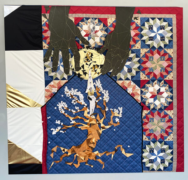 A mixed media work by Anthony Suber depicting a pair of Black hands atop a quilt with a blooming tree design below the hands.