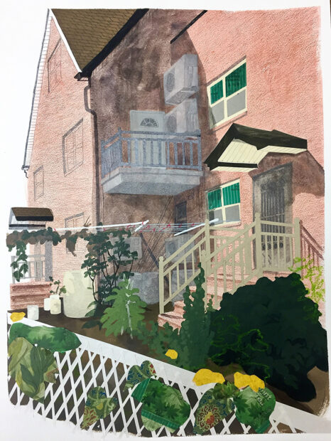 A mixed-media work by Naomi Kuo of the exterior of a house.