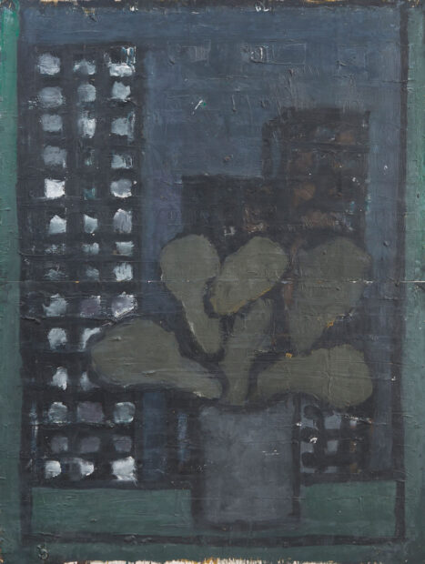 Painting of a cactus in a windowsill with a city skyline behind