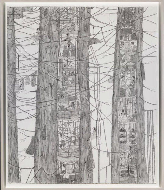A photograph of an intricate drawing by Amy Cutler of women working and living inside large tree trunks.