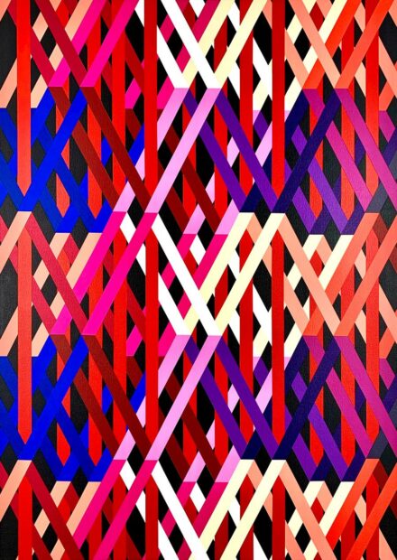 An abstract painting by Antonio Lechuga featuring diamond shapes rendered flatly in shades of pink, red, blue, and orange.