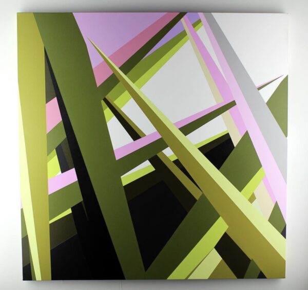 An abstract painting by Antonio Lechuga featuring angular shapes rendered flatly in shades of green and pink.