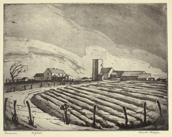 An etching by Blanche McVeigh of a crop field with ranch houses in the background.