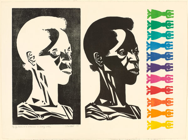 A print by Elizabeth Catlett featuring a Black woman and an array of small abstracted female figures printed in various colors. 
