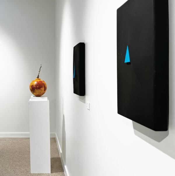 An installation photograph of multiple wall mounted and 3D ceramic artworks in a gallery.