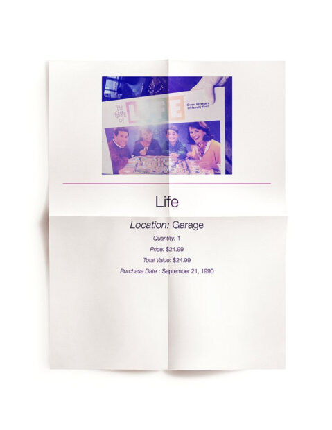 A photograph of a printed paper with an image of the board game "Life" and text that details the name of the game, its location, and its value.